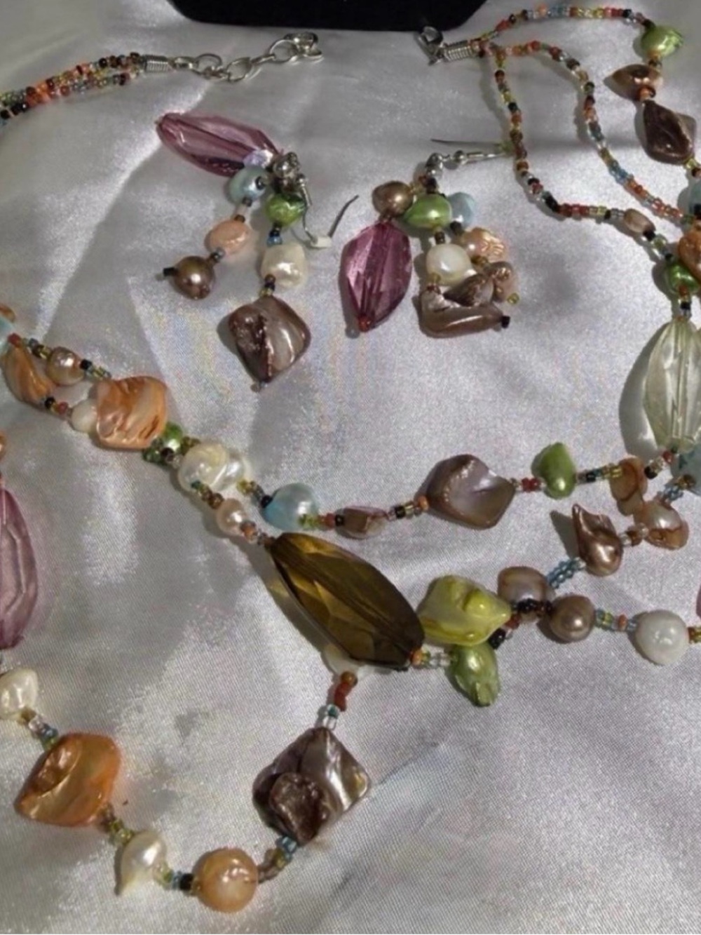 Multicolor Glass, Pearl & Shell Bead Necklace and Earrings Set